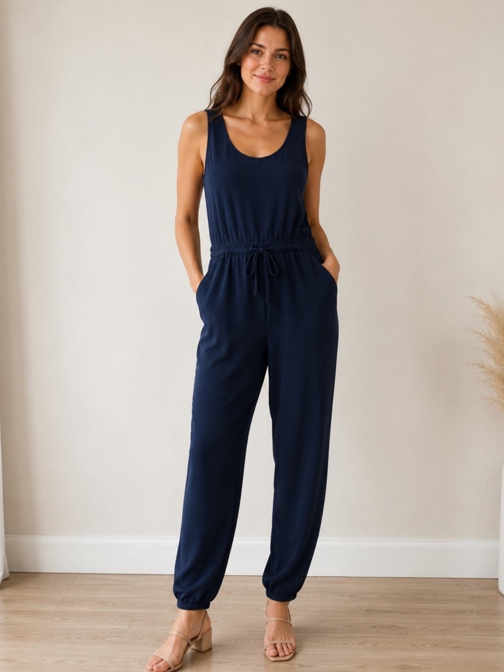 CAbi French Navy Drawstring Sleeveless Jumpsuit